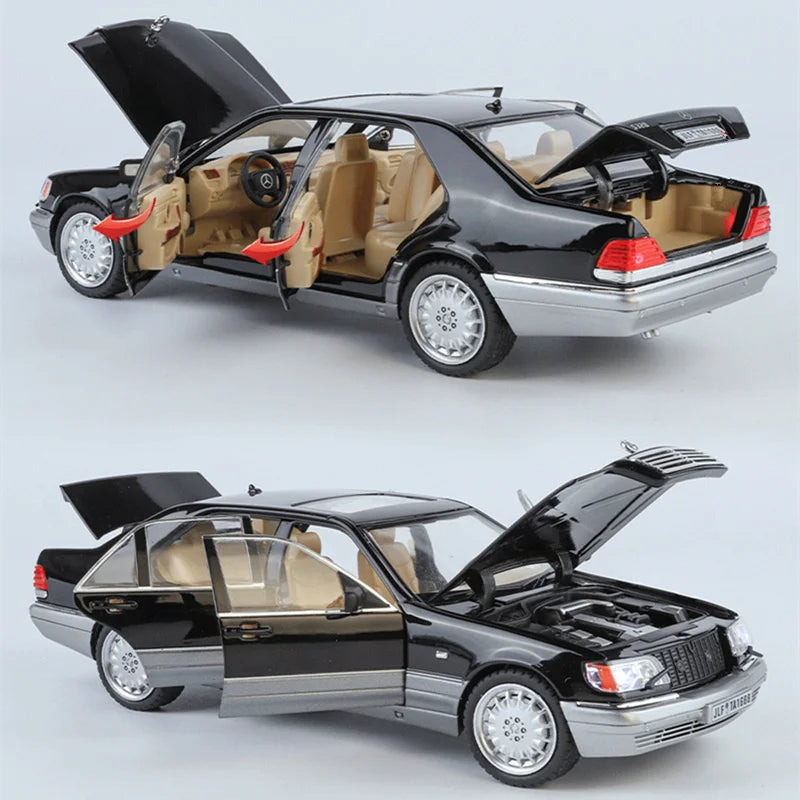1:24 W140 S320 SEL diecast car model featuring open doors and hood in black and beige colors.