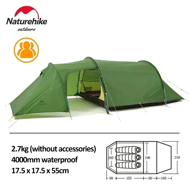 Naturehike Opalus 3 Person Tunnel Tent Waterproof Large Space Cycling Backpacking Tent Portable 4 Season Beach Camping Tent