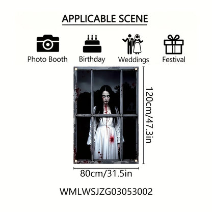 One 2D flat Halloween window background cloth, polyester, terrifying female ghost, suitable for outdoor Halloween decoration
