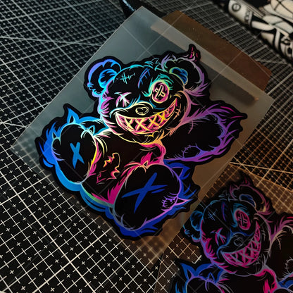 1PC Holographic Scary Bear Waterproof Vinyl Sticker For Car Motorcycle Helmet Laptop Decor Decal