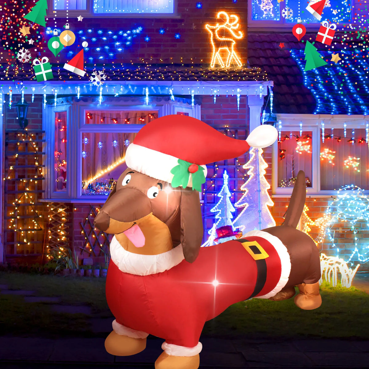 5FT Christmas Inflatable Dachshund Dog LED Lighted Blow Up Outdoor Yard Lawn Decoration for Home Garden Winter Holiday Party