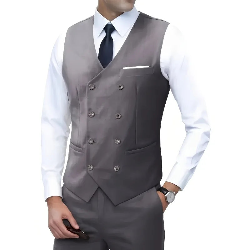 Men Double Breasted Vest British Style Slim Fit Business Formal Waistcoat High Quality Suit Vest Multiple Colors