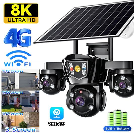 15MP 3-Lens Three Screen 4G Sim Solar Camera Outdoor Surveillance WiFi 10X Digital Zoom Auto Tracking Security Cameras V380 Pro