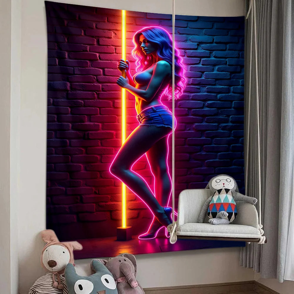 VIKAMA Neon Art Tapestry Human Silhouette Cyberpunk Waterproof Bar Backdrop Studio Wall Decor Cyber Style Room Home Decor
