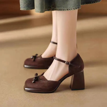 High-end retro one-piece strap high-heeled shoes - 2026 summer new fashion ladies' bow-shaped square-toe chunky heel sandals
