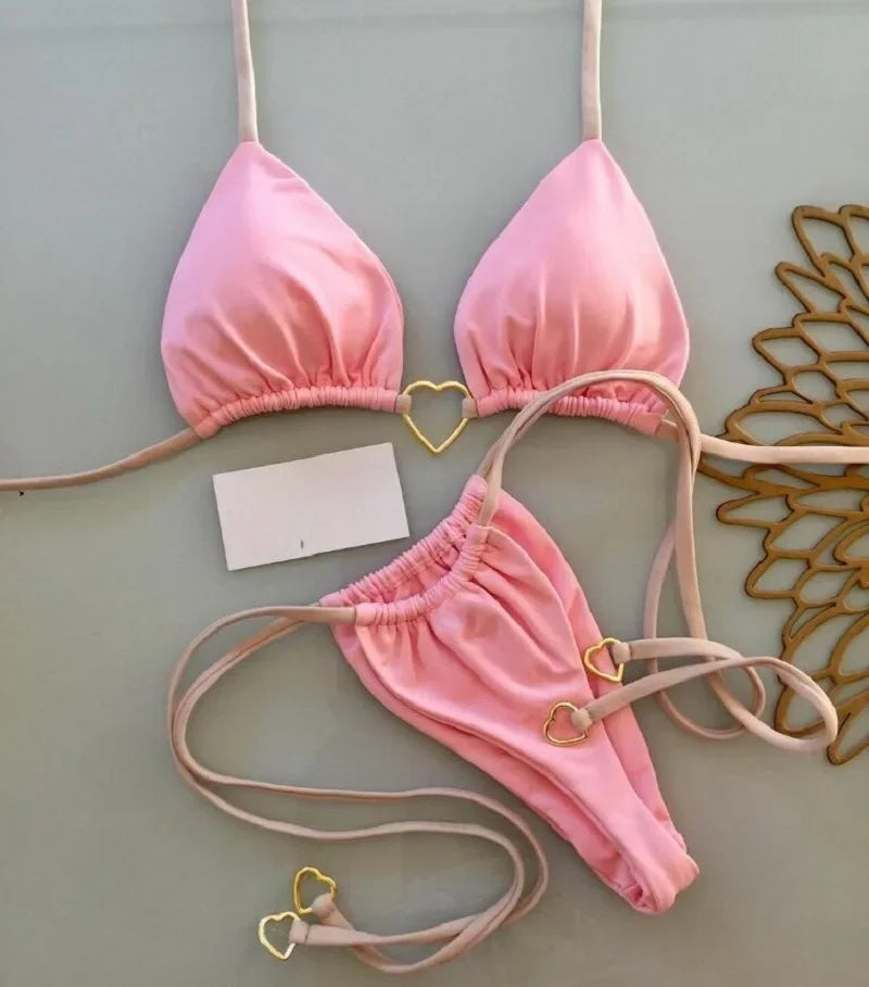 Sexy Halter Solid Color Bikini Set Women's Swimsuit Two-piece Triangle Thong Swimwear Bathing Suit Brazilian Biquinis