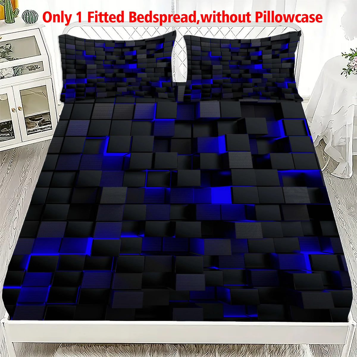1 Piece 3D Geometric Square Fitted Sheet Black Blue Luminous Cube Texture Soft Microfiber Bedding For Modern Bedroom Decor