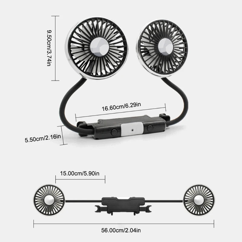 SEAMETAL Car USB Fan Dual Head Cooling Air Fan Independent Switch 3-Speed 360 Degree Adjustable Auto Headrest Fan for Rear Seat