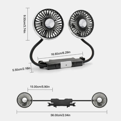 SEAMETAL Car USB Fan Dual Head Cooling Air Fan Independent Switch 3-Speed 360 Degree Adjustable Auto Headrest Fan for Rear Seat