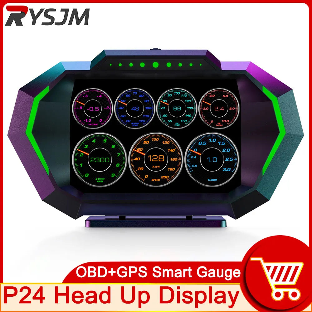 RYSJM digital car HUD display featuring OBD+GPS Smart Gauge with multiple gauges including speedometer and temperature readings.