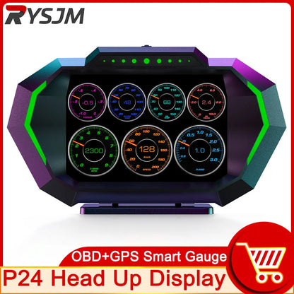 RYSJM digital car HUD display featuring OBD+GPS Smart Gauge with multiple gauges including speedometer and temperature readings.