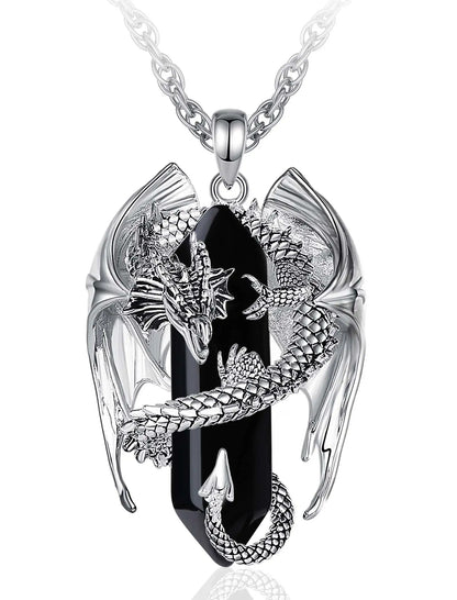 Eudora Dragon Twining Hexagonal Obsidian Prismatic Necklace Punk Healing Stone Crystal Pendant Personality Jewelry Gift for Man