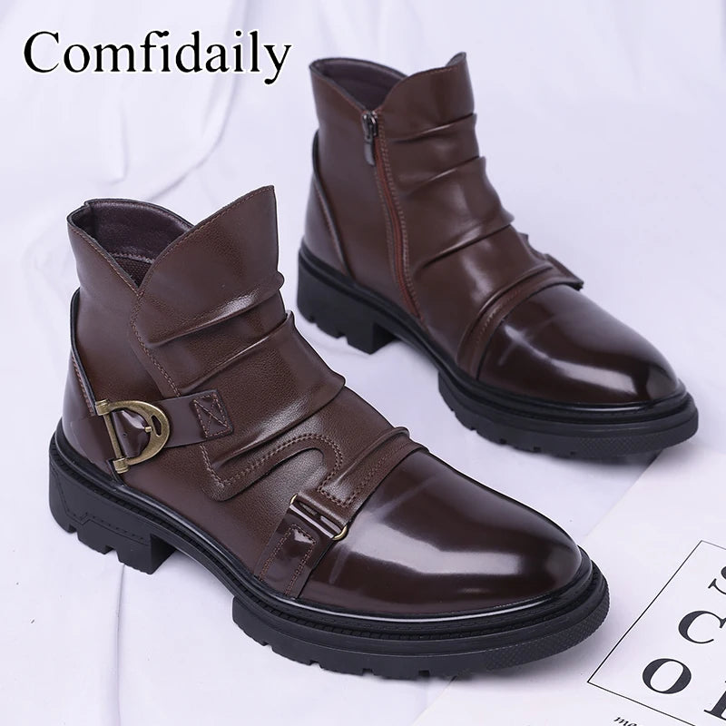 Fashionable  casual personalized motorcycle men boots with retro V-mouth side zipper outdoor oversized (39-48) riding boots
