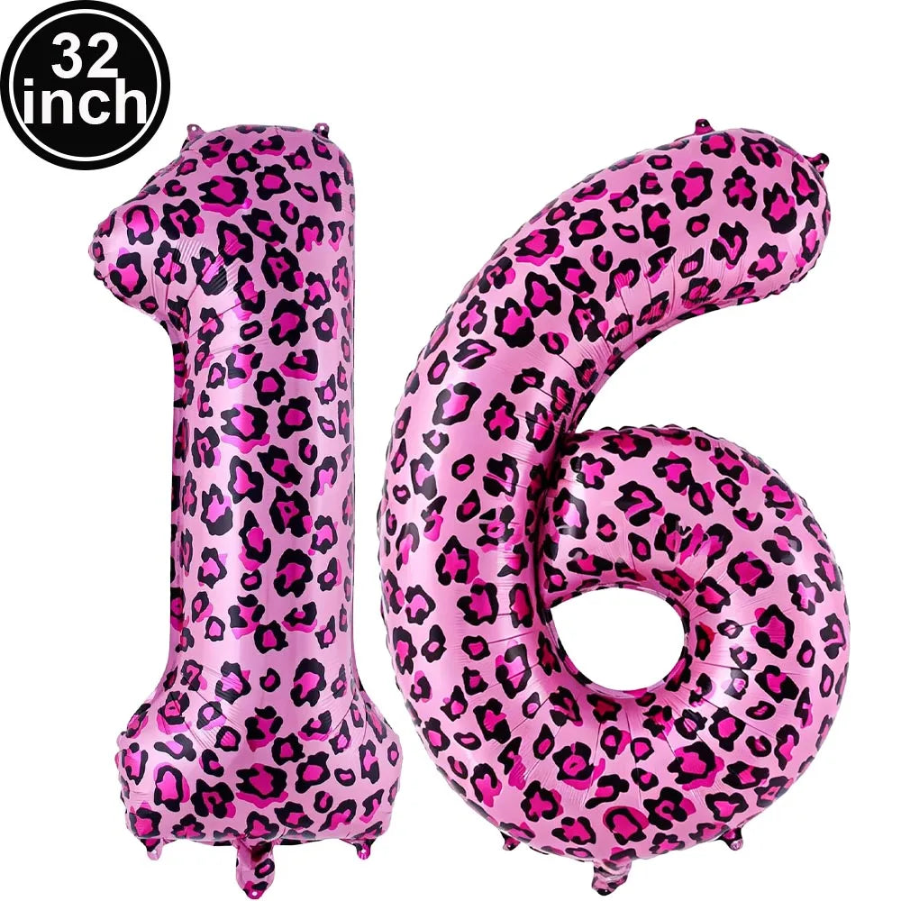 32 Inch Pink Leopard Print Number Foil Balloon 0‑9 Digit Balloon Wild Animal Helium Balloon for Birthday Anniversary Party Decor