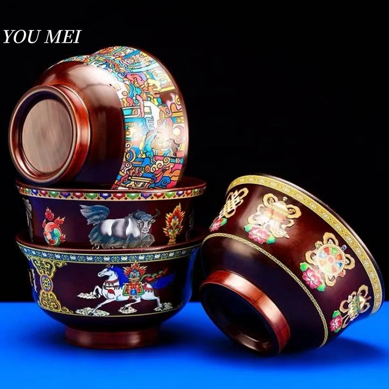 Tibetan-Style Solid Wood Dark-Colored Tsampa Bowl,Auspicious Wooden Butter Tea Bowls,Handicraft Holy Water Bowl Buddhist Item