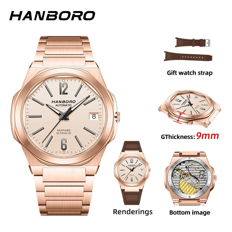 HANBORO Ultra Thin Steel King Series Men's Fully Automatic Mechanical Pearl Tourette Watch Fashion Personalized Watch 018