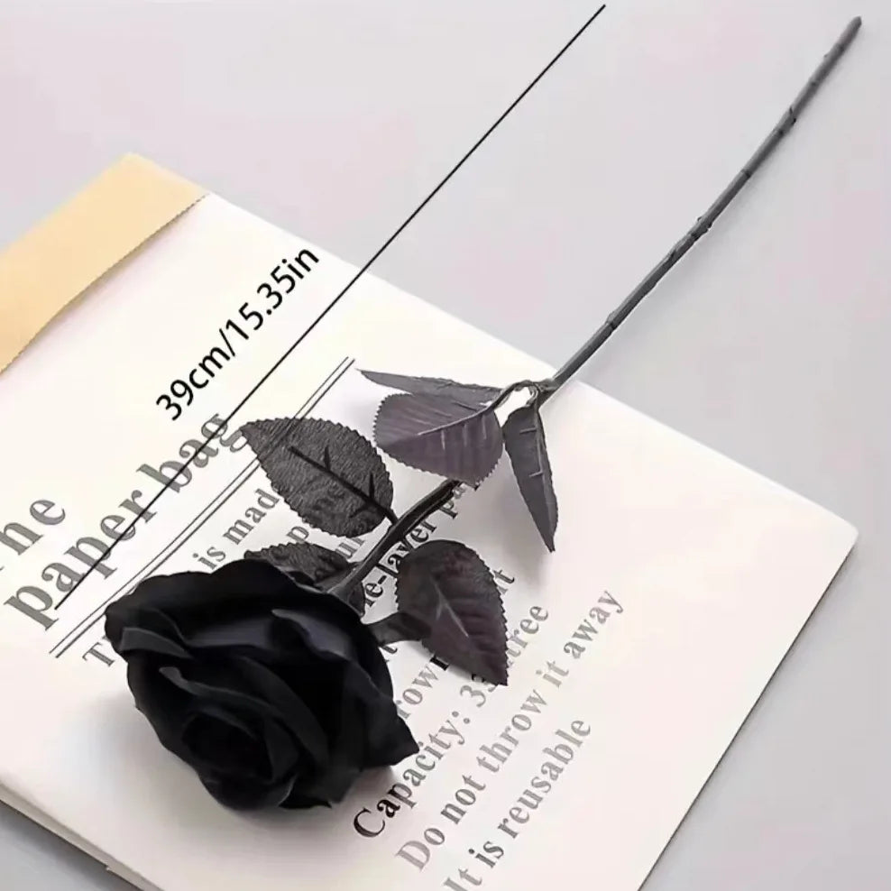 Artificial Black Roses Fake Flowers Long Stem With leaves for Halloween Home Decor Wedding Party Tabletop Bouquet DIY Creative