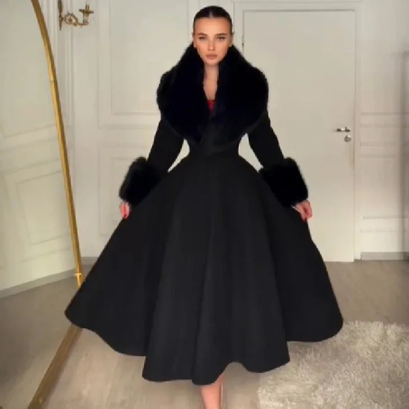 New Elegant Detachable Faux Fur Collar Overcoat Lady Cinched Waist V-neck A-line Dress Flared Coat Winter Formal Party Outerwear