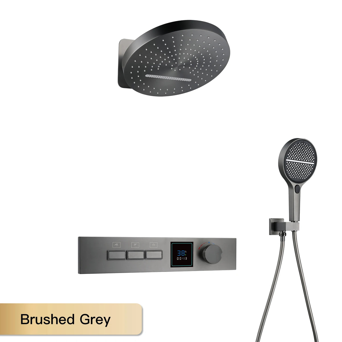 Luxury Gun Gray Brass Shower System with LED Digital Display Design Wall Mounted Constant Temperature 3-Function Bathroom Faucet