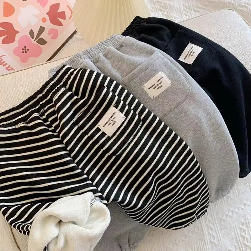 Autumn Winter Boys' and Girls' Sports Plush Pants New Korean Edition Striped Children's Pant Boys Pants Girls Winter Clothes