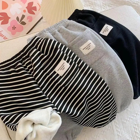 Autumn Winter Boys' and Girls' Sports Plush Pants New Korean Edition Striped Children's Pant Boys Pants Girls Winter Clothes