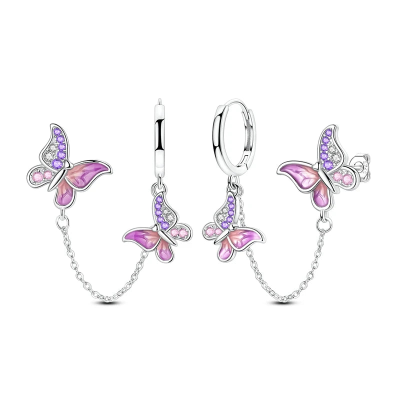 Original 925 Sterling Silver Earrings Sparkling Shining Dreamy Butterfly Hoop Earring for Women Girl Party Birthday Jewelry Gift