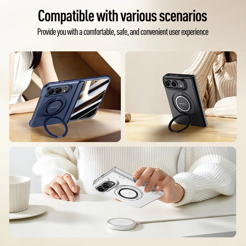 For Magsafe Magnetic Metal 360 Rotating Holder With Tempered Glass Film Protect Phone Case For iPhone Duo Spring Hinge Cover