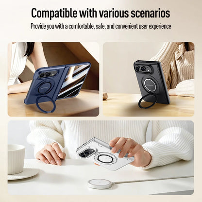 For Magsafe Magnetic Metal 360 Rotating Holder With Tempered Glass Film Protect Phone Case For iPhone Duo Spring Hinge Cover