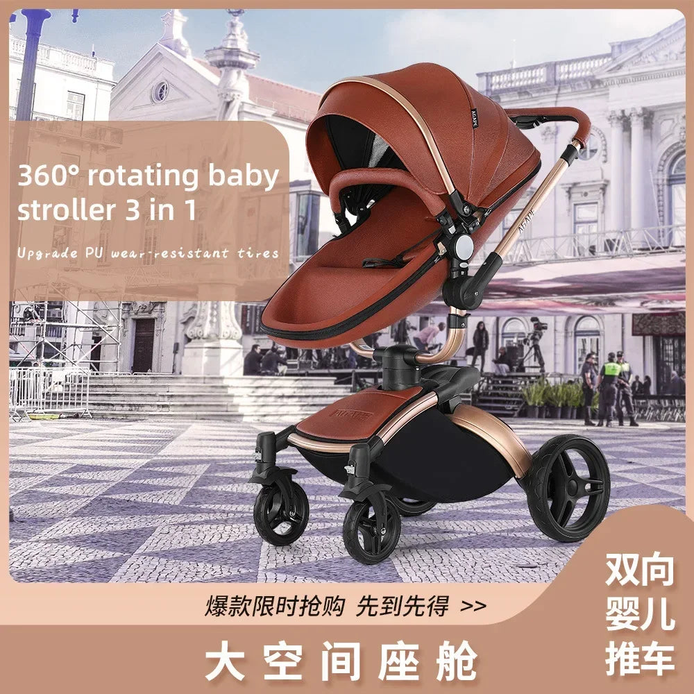 Baby Stroller 3in1 Two-way High Landscape Baby Carriage PU Leather Foldable Shock-absorbing Eggshell Stroller 2in1