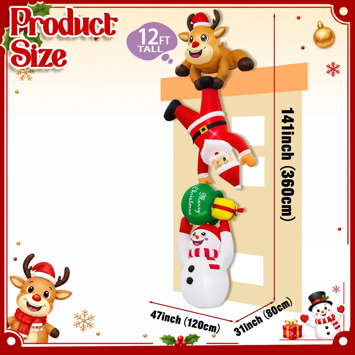 12FT Christmas Inflatable Decoration Reindeer Snowman Gift Bag,Suitable for Outdoor Yard Patio Holiday Decor