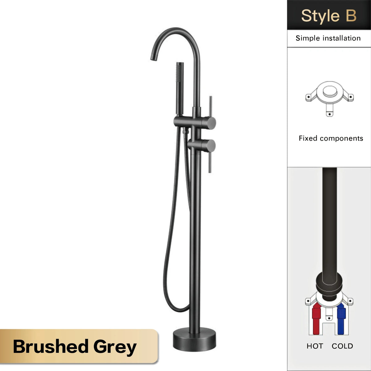 AITANA Luxury Black Brass Bathroom Faucet. Floor Standing Design with Simple 2 Handle Hot and Cold Bathtub and Dual-Mode Faucet