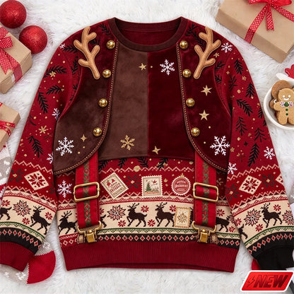 Xmas Sweatshirt Men Funny Cosplay 3D Print Fake Sweater Knit Reindeer Snowflake Pattern Festive Gift New Long Sleeve Sweatshirt