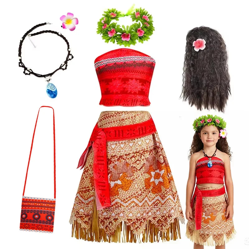 Girls Moana Princess Dress for Kids Carnival Cosplay Vaiana Costume Children Birthday Party Headwear Necklace Flower Clothes Set