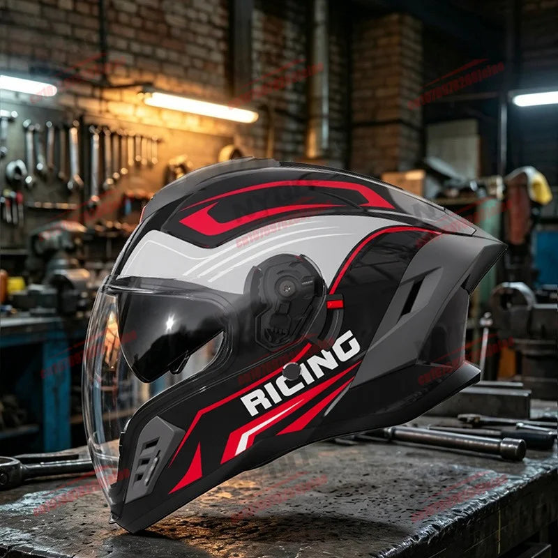 New Motorcycle Dual Lens Exposed Face Helmet Men's and Women's Four Season Models Large Tail Wing Motorcycle Full Face Helmet