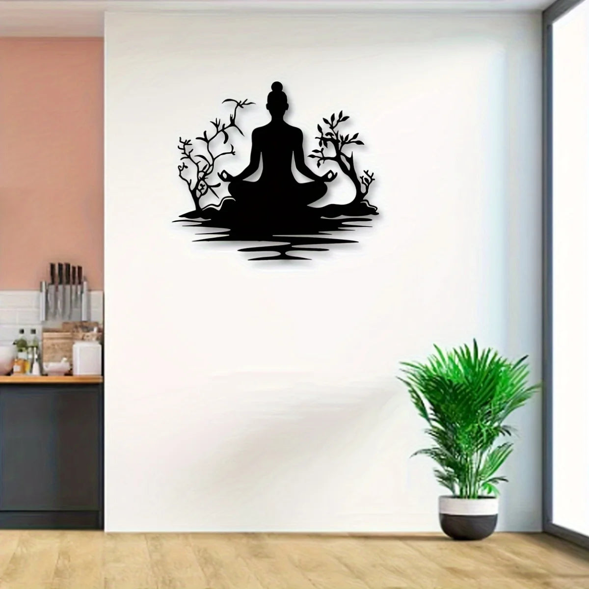 1pc Modern Metal Buddha Statue Wall Sculpture with Zen Tree Design - Black Golden Art Decor for Home  Tranquil Meditation Pose