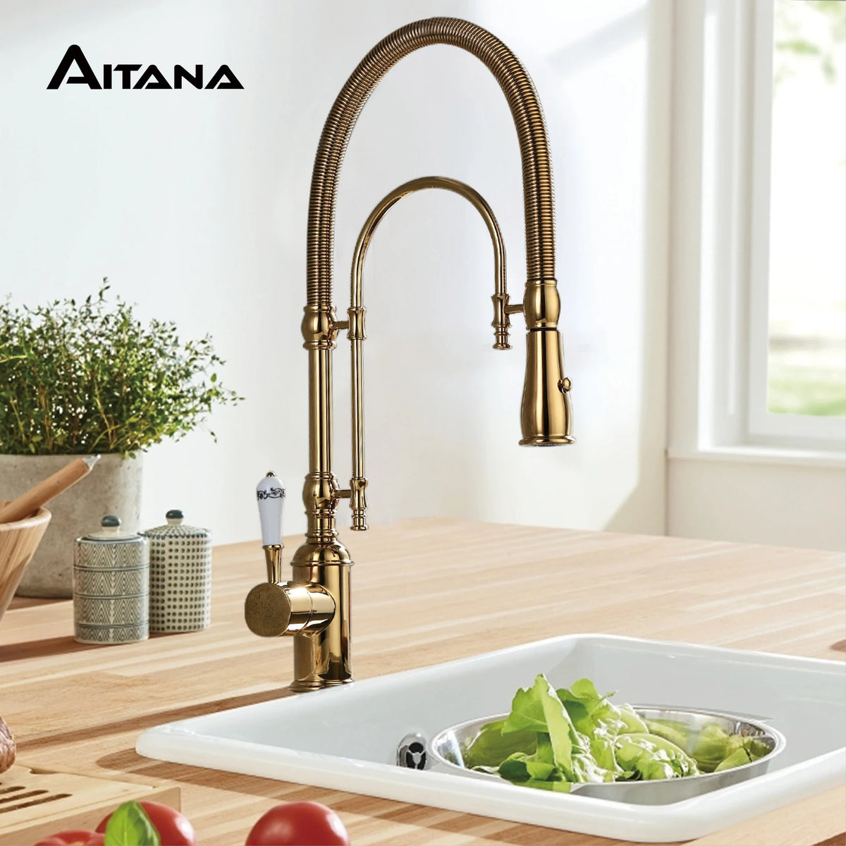 AITANA Luxury Golden Brass Kitchen Faucet with Retro Design, Single Handle Hot and Cold Dual Control 2 Function Sink Mixer