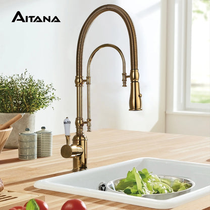 AITANA Luxury Golden Brass Kitchen Faucet with Retro Design, Single Handle Hot and Cold Dual Control 2 Function Sink Mixer