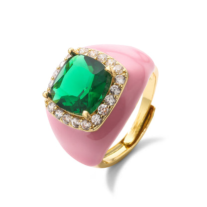 HECHENG,Multicolor Enamel Dripping Oil Zircon Open Ring For Women Adjustable Gold Plated Chunky Finger Rings Gift
