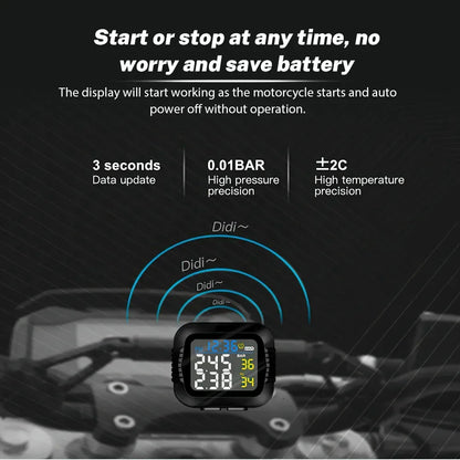 Motorcycle TPMS Tire Pressure Monitoring System Temperature Alarm With 2 External Sensors Moto Tyre Alarm Systems Real Time