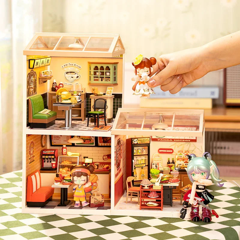 Rolife DIY Miniature House Kit Model Building Craft Kit with LED for Adults Kids Panda Hot Pot and Night Out Food Stall