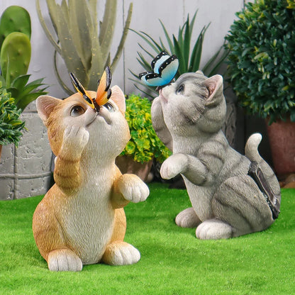 Cute Resin Cat Sculpture with Butterfly Solar Light Garden Courtyard Terrace Lawn Decorative Statue Lamp Ornament