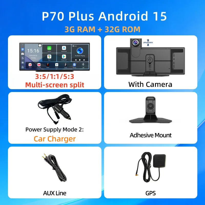 Imagebon P70Plus 11.4" Android 15 8Core 6+128G CarPlay Android Auto Dash Cam Split Screen Video Recorder WiFi YouTube AI GPS DVR