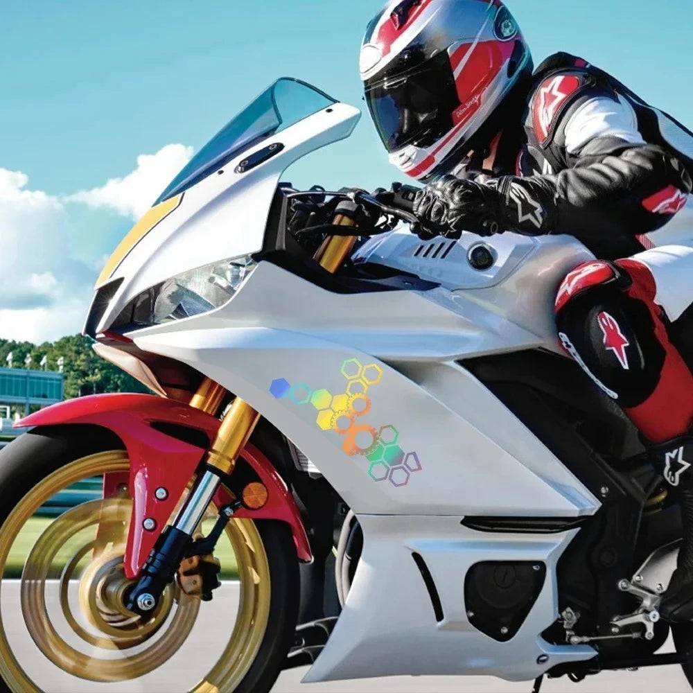 2PCS Motorcycle Front Face Stickers Modification PVC Waterproof Honeycomb Gear Vinyl Decals Moto Body DIY Decoration Accessories
