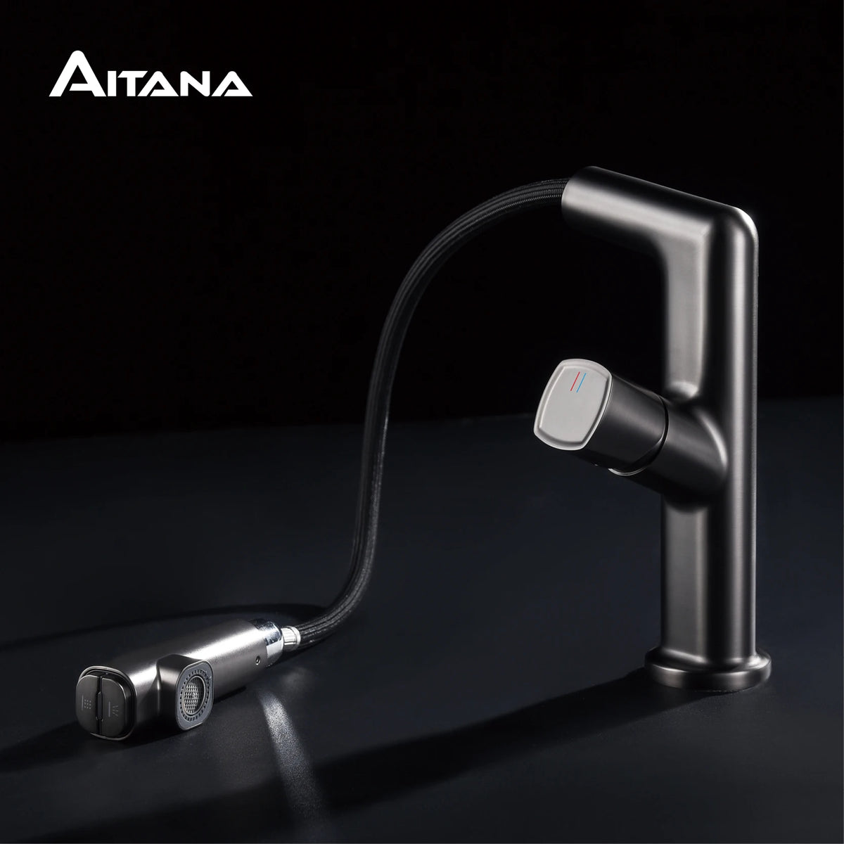 AITANA Luxury Black Bathroom Faucet LED Digital Display Design Simple Single Handle Hot and Cold Water Pullout Basin Mixer