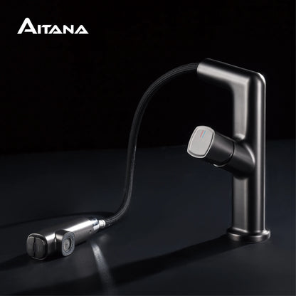 AITANA Luxury Black Bathroom Faucet LED Digital Display Design Simple Single Handle Hot and Cold Water Pullout Basin Mixer