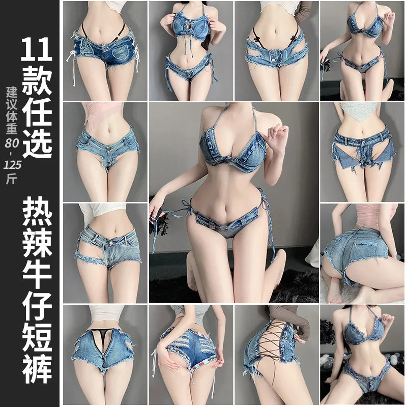 Sexy Low-rise Open Crotch Shorts Bodysuit with Distressed Denim Nightclub Lingerie Set