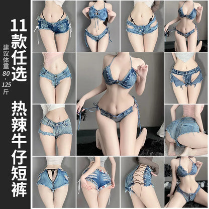 Sexy Low-rise Open Crotch Shorts Bodysuit with Distressed Denim Nightclub Lingerie Set