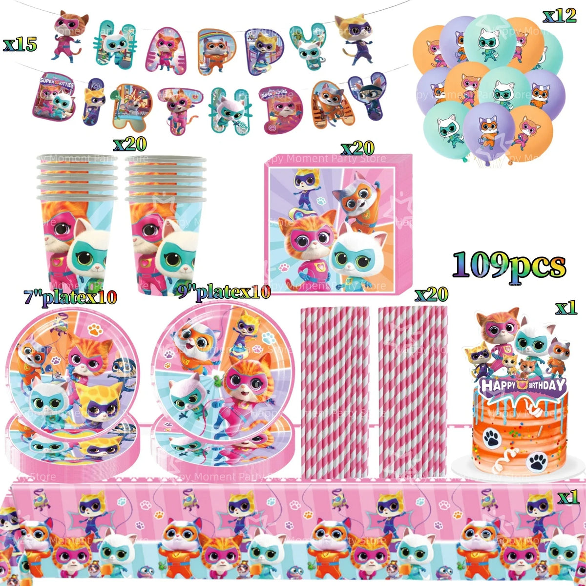 Superkittie Birthday Party Decoration Tableware Tablecloth Plate Cup Napkin Balloon Cake Decor superkitties Party Favors Supply