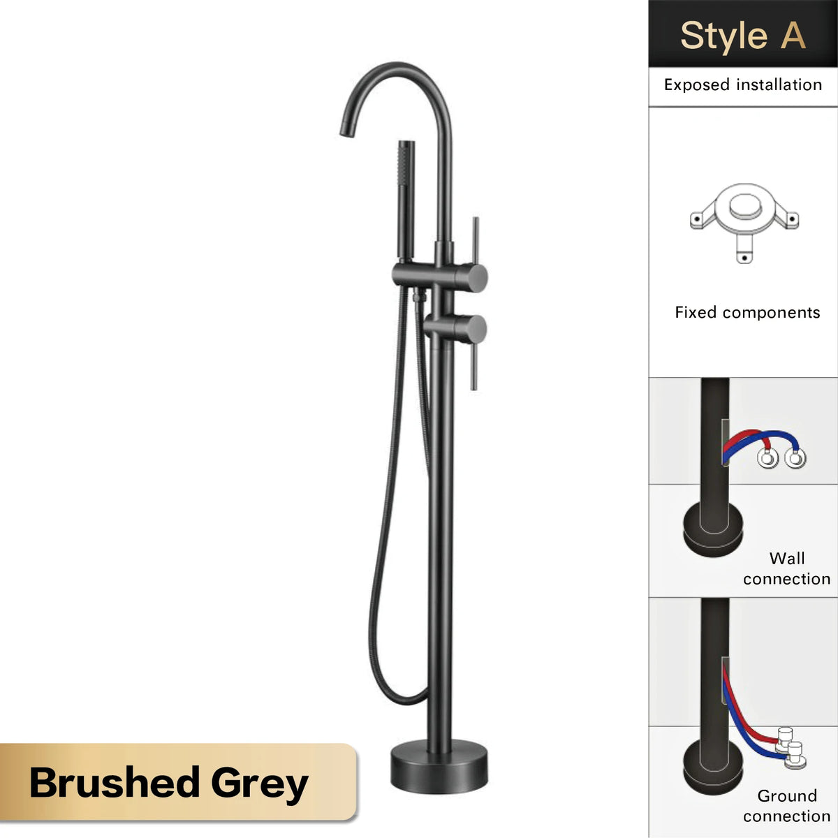 AITANA Luxury Black Brass Bathroom Faucet. Floor Standing Design with Simple 2 Handle Hot and Cold Bathtub and Dual-Mode Faucet