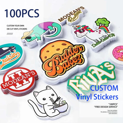 100pcs Custom Stickers PVC Waterproof Die Cut Vinyl Logo Design Brand Laptop Cute Personalized Sticker Glossy Film for Business